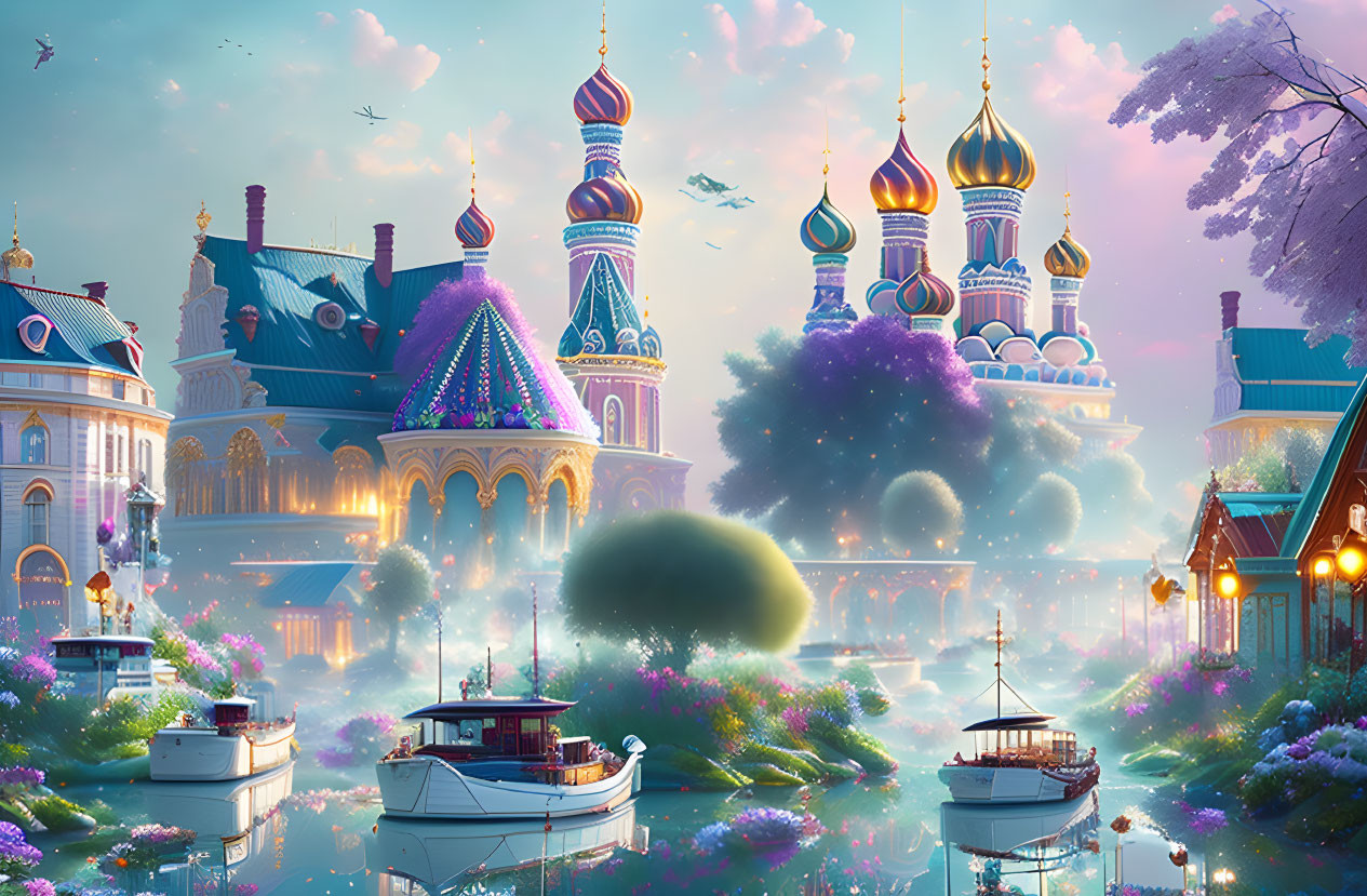 Fantasy scene with vibrant Russian-style buildings, boats on river, whimsical flora, pastel sky