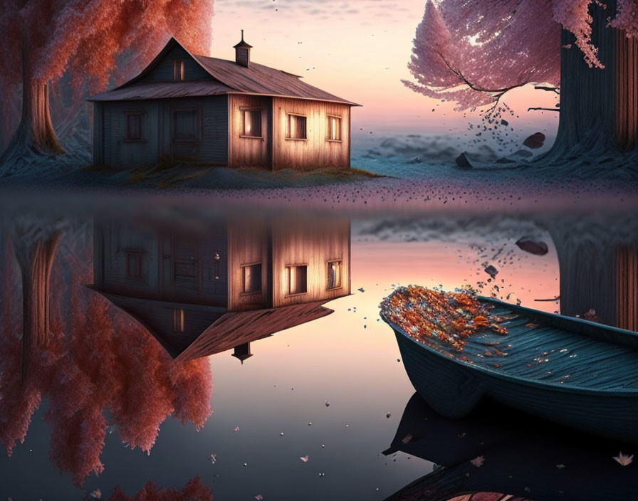 Tranquil twilight scene with wooden cabin, boat, blossoms, and magenta-toned tree