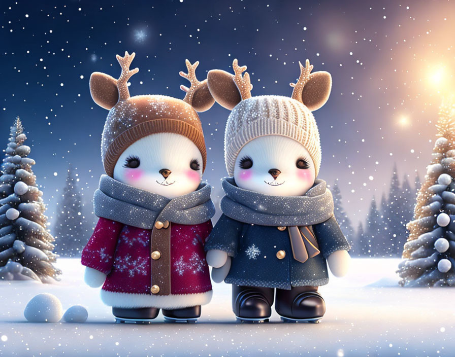 Two adorable snowmen in winter attire with reindeer hats in snowy landscape.