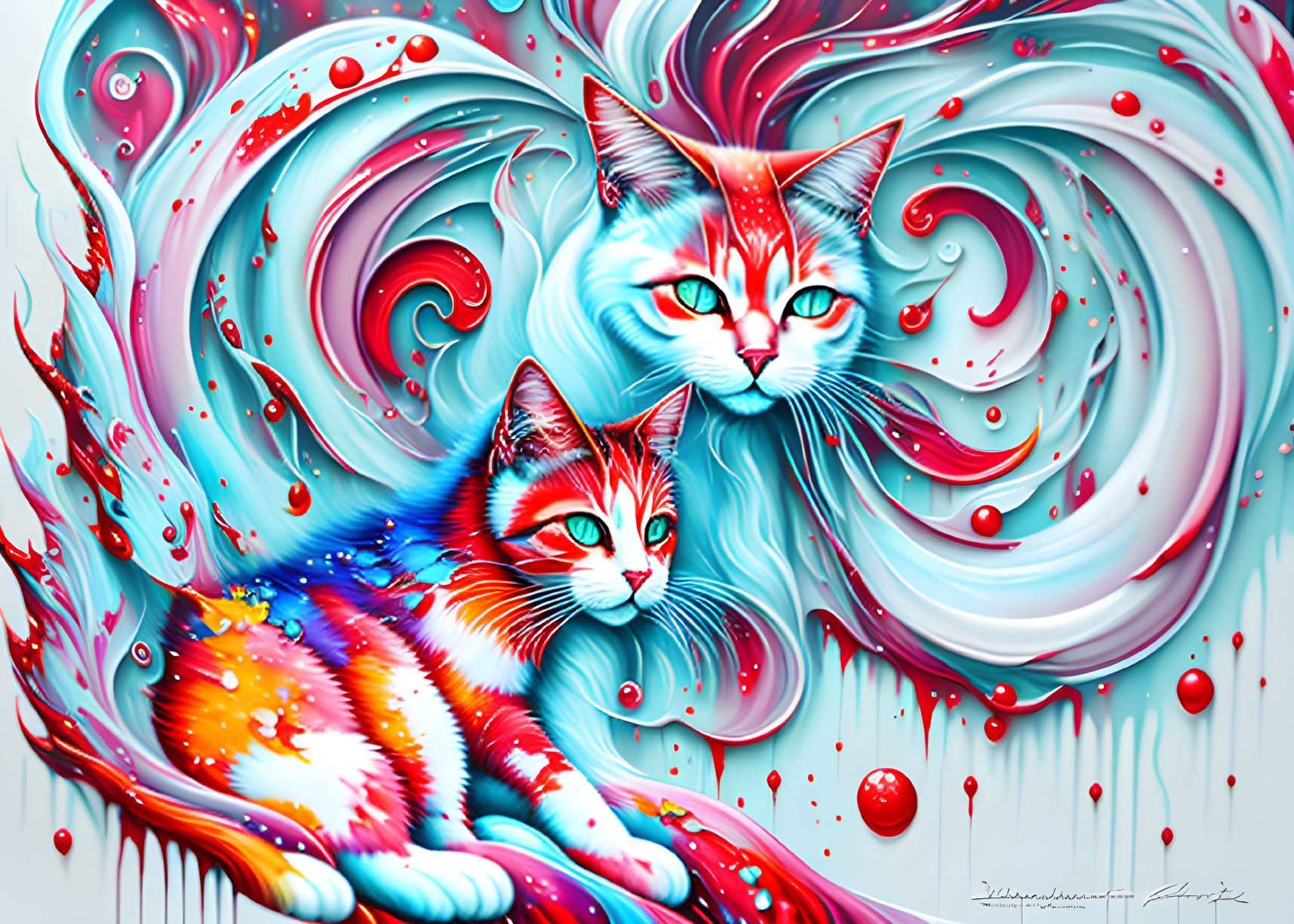 Colorful Digital Artwork: Two Cats with Swirling Patterns