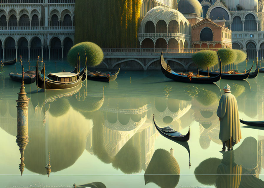 Gondolas on Reflective Water Near Venetian-style Architecture