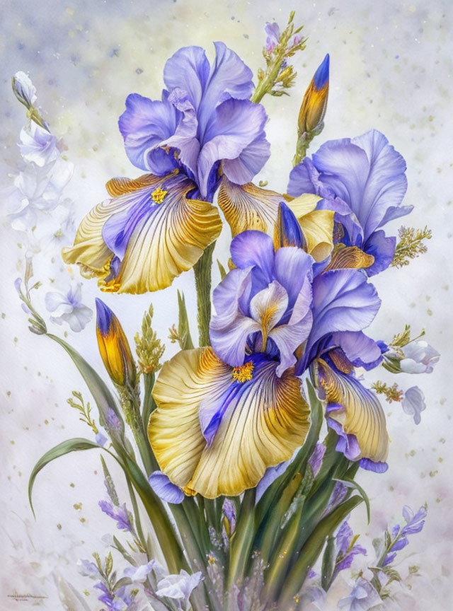 Vivid Blue and Yellow Irises Painting with Water Droplets Detailing