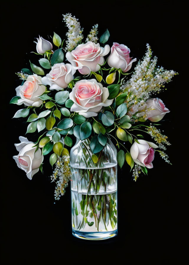 Pink and White Rose Bouquet in Glass Vase on Black Background