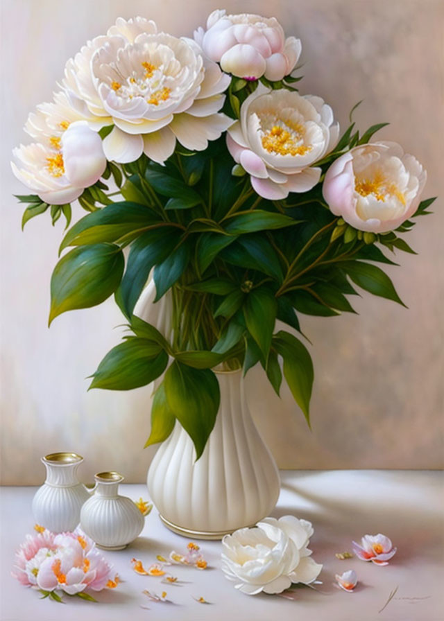 White Peonies Bouquet in Classic Vase Still Life