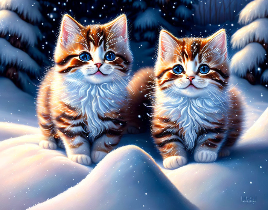 Two Tabby Kittens Sitting in Snow Under Starry Night Sky