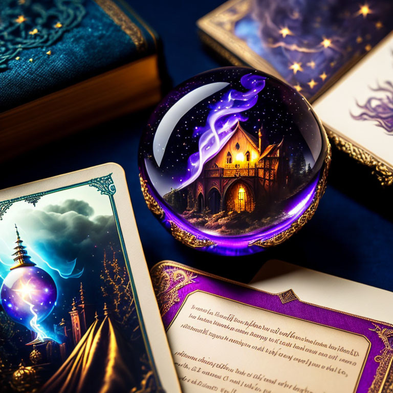 Crystal Ball with Glowing Castle, Tarot Cards, and Book on Starry Background