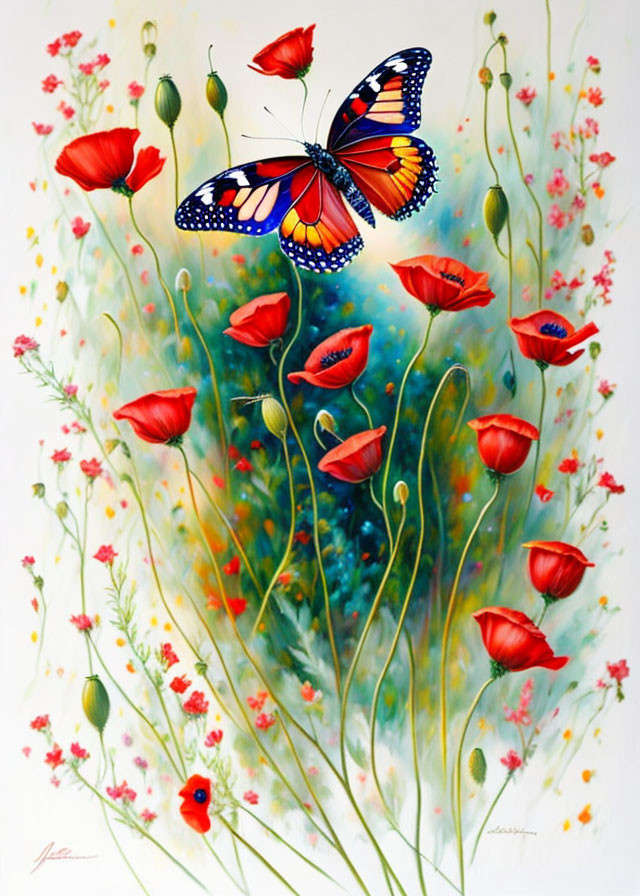 Vibrant painting of red poppies with monarch butterfly on soft green background