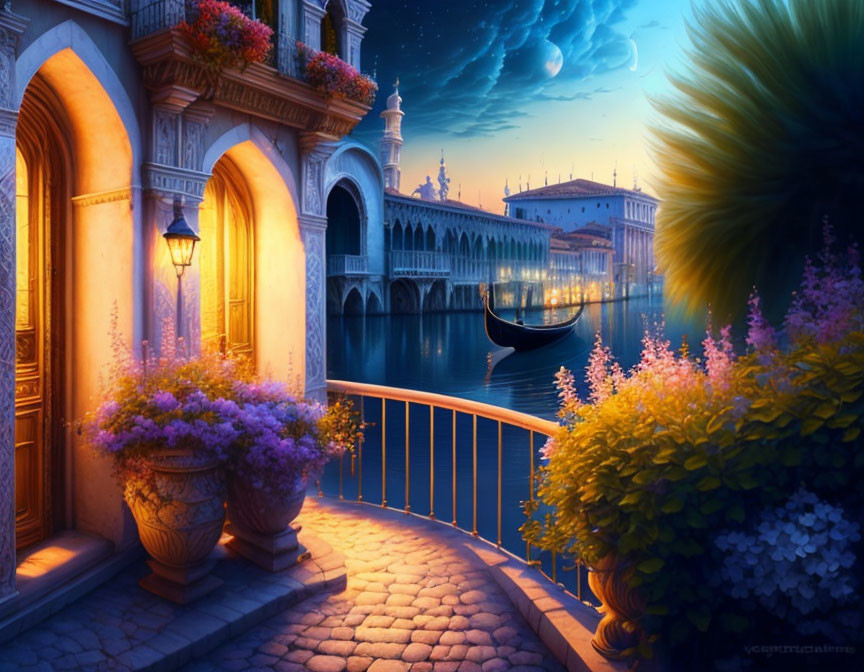 Evening balcony scene with flowers overlooking Venetian canal and gondola under starry sky