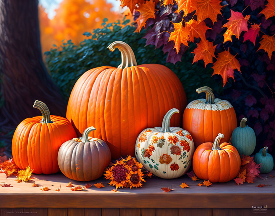 Vibrant autumn pumpkins and gourds in a fall setting