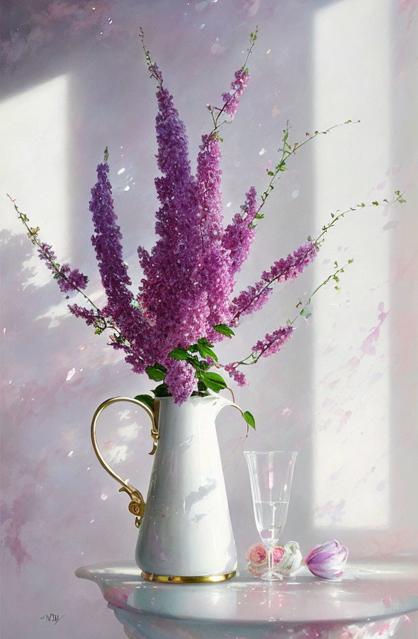 Still-life painting: Lilac blossoms, white jug, crystal glass, fallen petal on marble