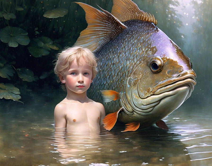 Child's head merged with fish body in aquatic scene