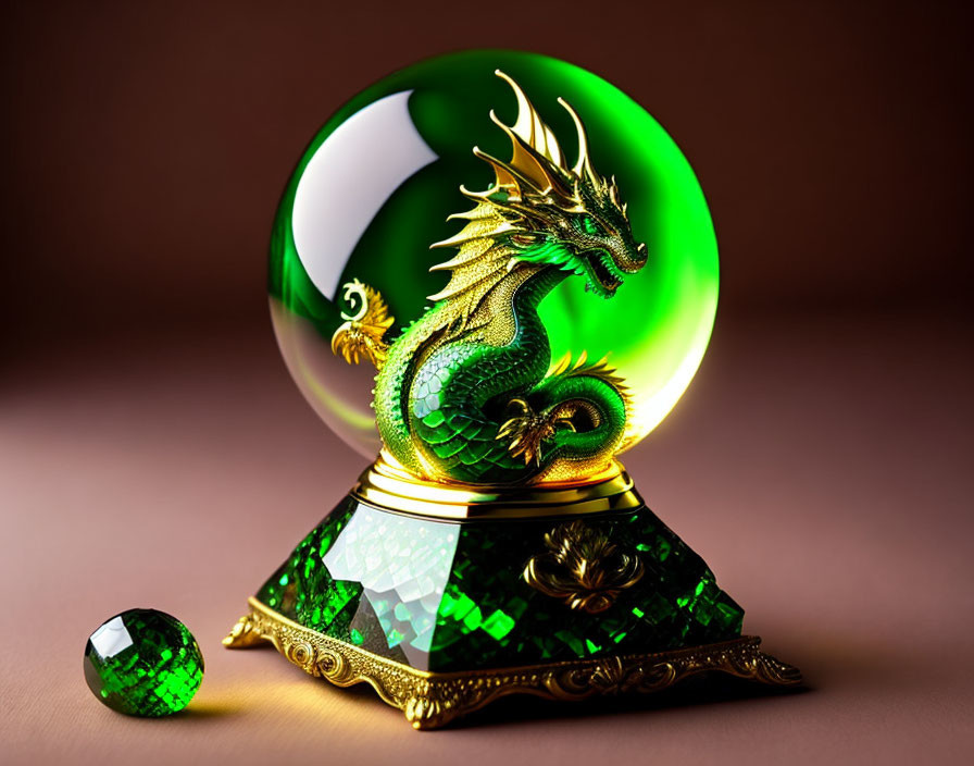 Green dragon-shaped figurine with clear orb on ornate stand & green gem