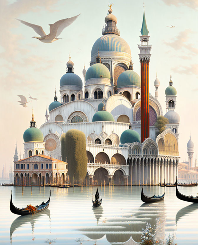 Cityscape with domed structures, minarets, gondolas, water reflection, and flying