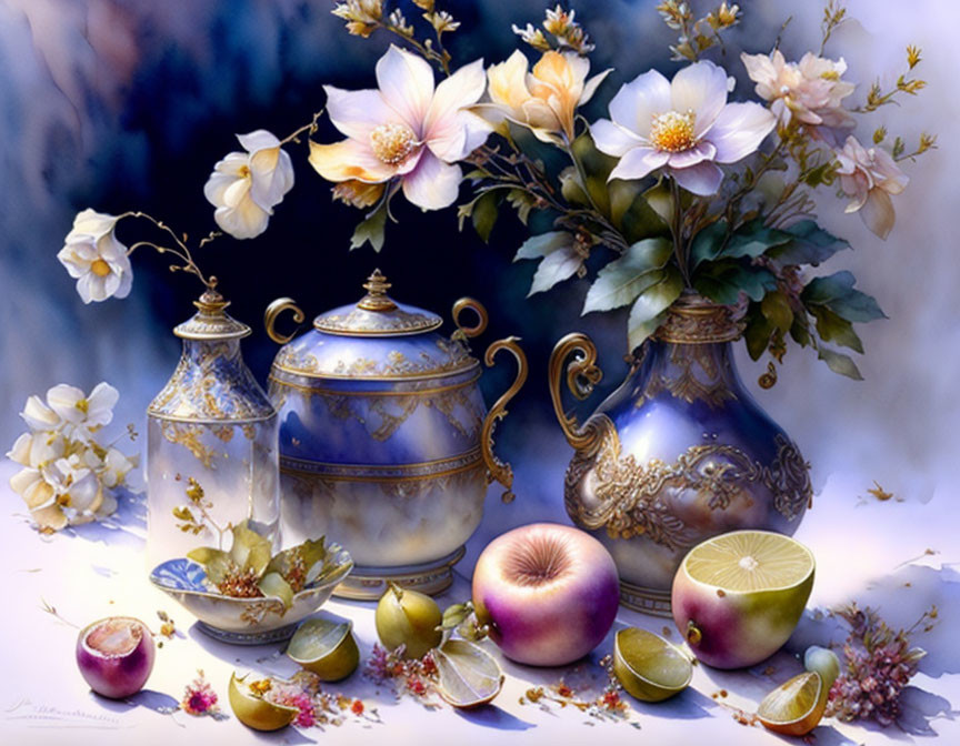 Intricate still-life with porcelain vase, teapot, fruit, and flowers