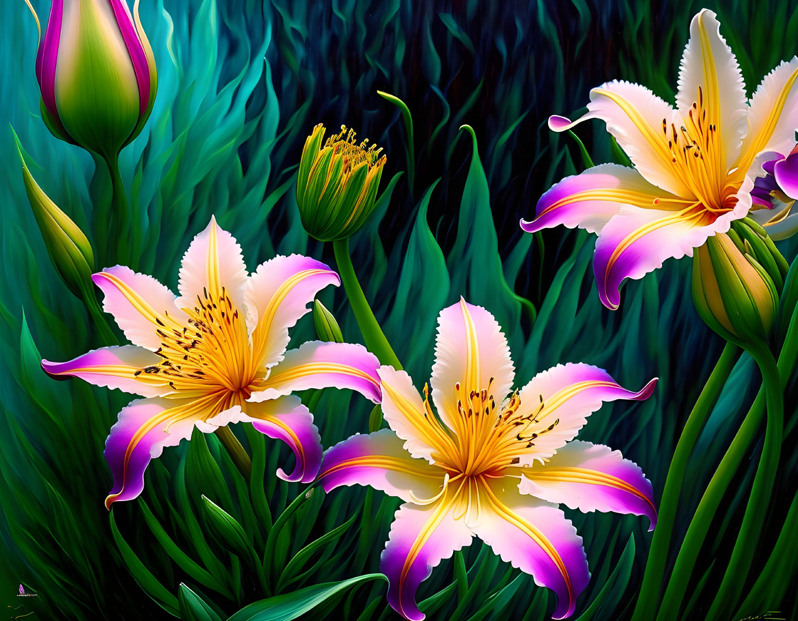 Colorful digital artwork featuring blooming lilies and foliage