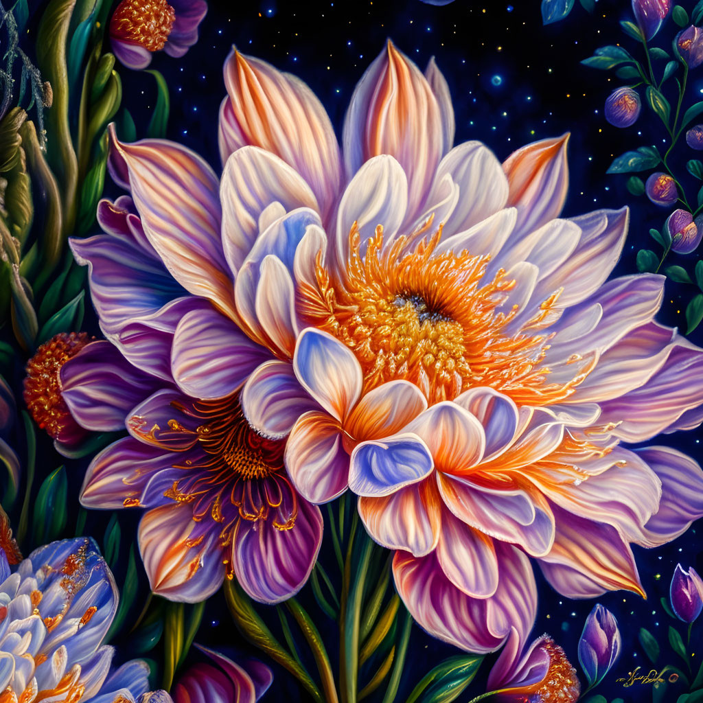 Detailed Flower Painting with Purple and Orange Petals on Celestial Background