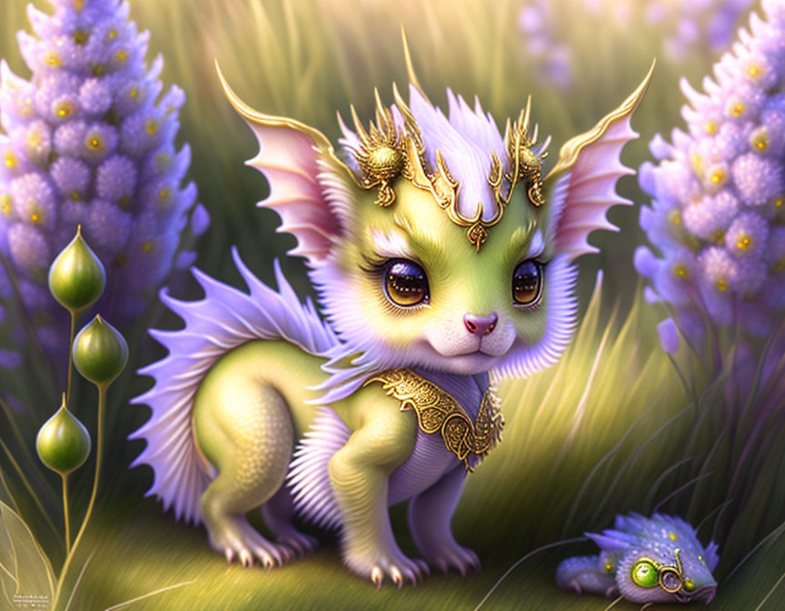 Fantastical green creature with purple wings and golden embellishments