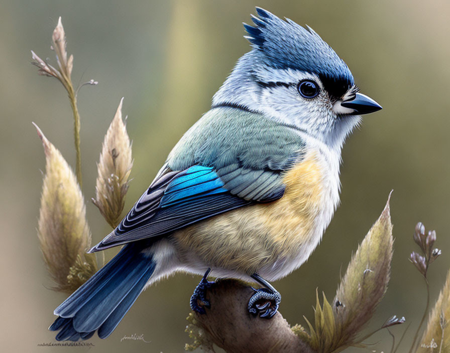 Colorful blue jay on branch with brown background.