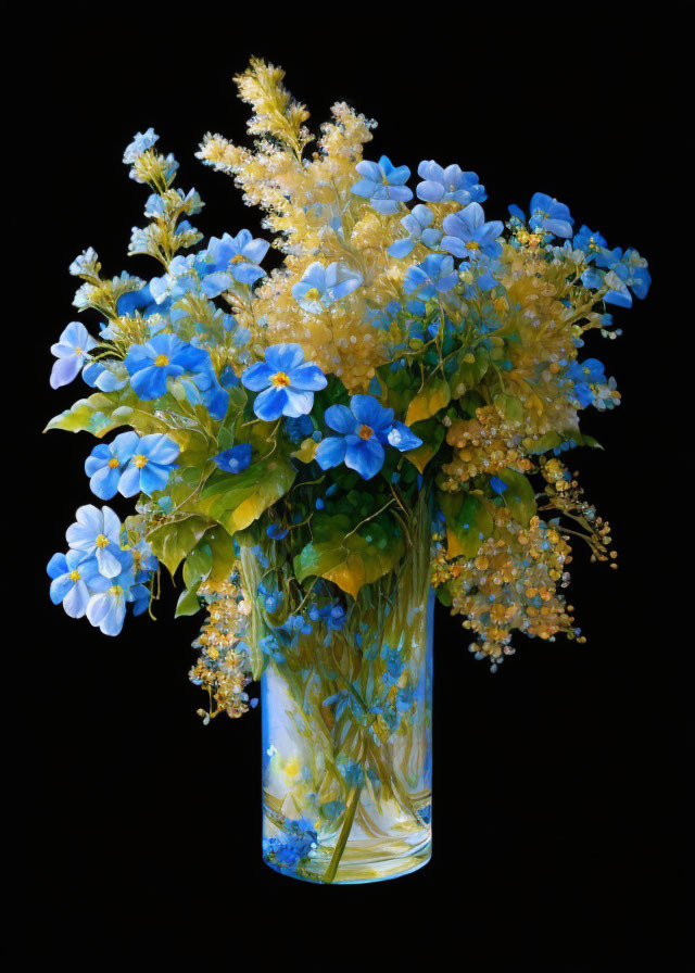 Colorful Blue and Yellow Flower Bouquet in Decorative Vase on Black Background