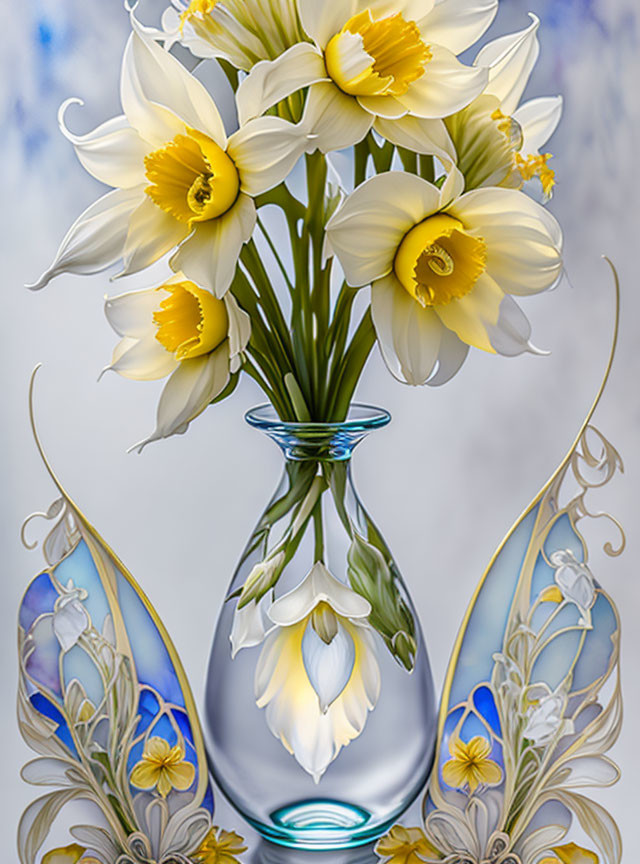 White daffodils bouquet in clear vase with blue and silver decor reflecting below