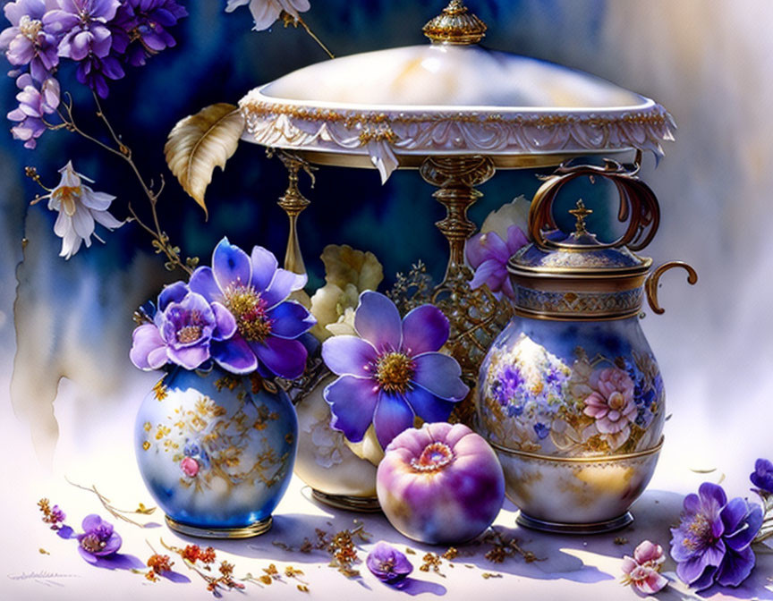 Porcelain tea set with gold accents among purple flowers and feathers