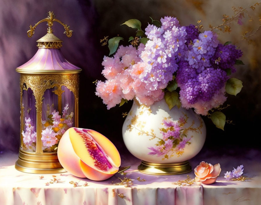 Classic Still Life Painting with Lantern, Hydrangeas, Peach, Rose, and Branches