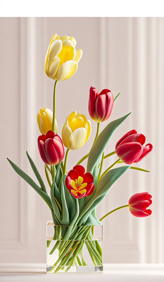 Yellow and Red Tulip Bouquet in Clear Glass Vase on Pink Background