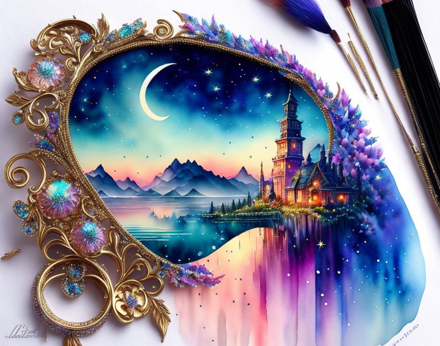 Fantasy landscape illustration with crescent moon, stars, mountains, castle, and lake