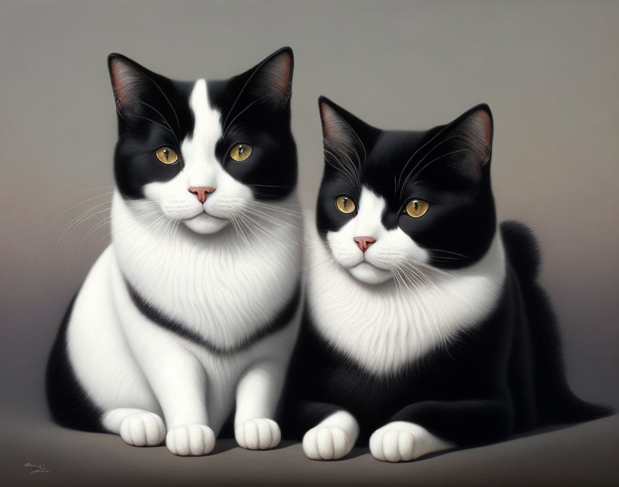 Two tuxedo cats with yellow eyes on neutral background