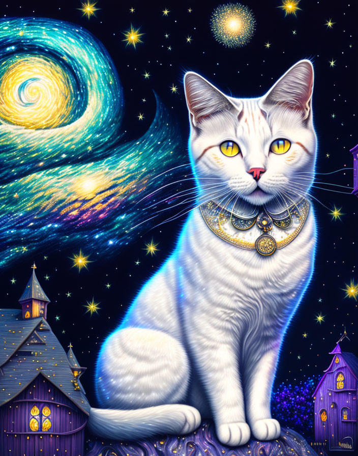 Majestic cat with yellow eyes against galaxy backdrop