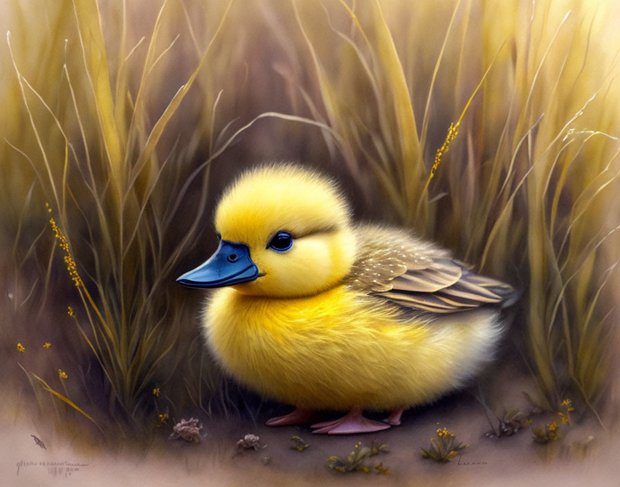 Yellow duckling in tall golden grasses and flowers.