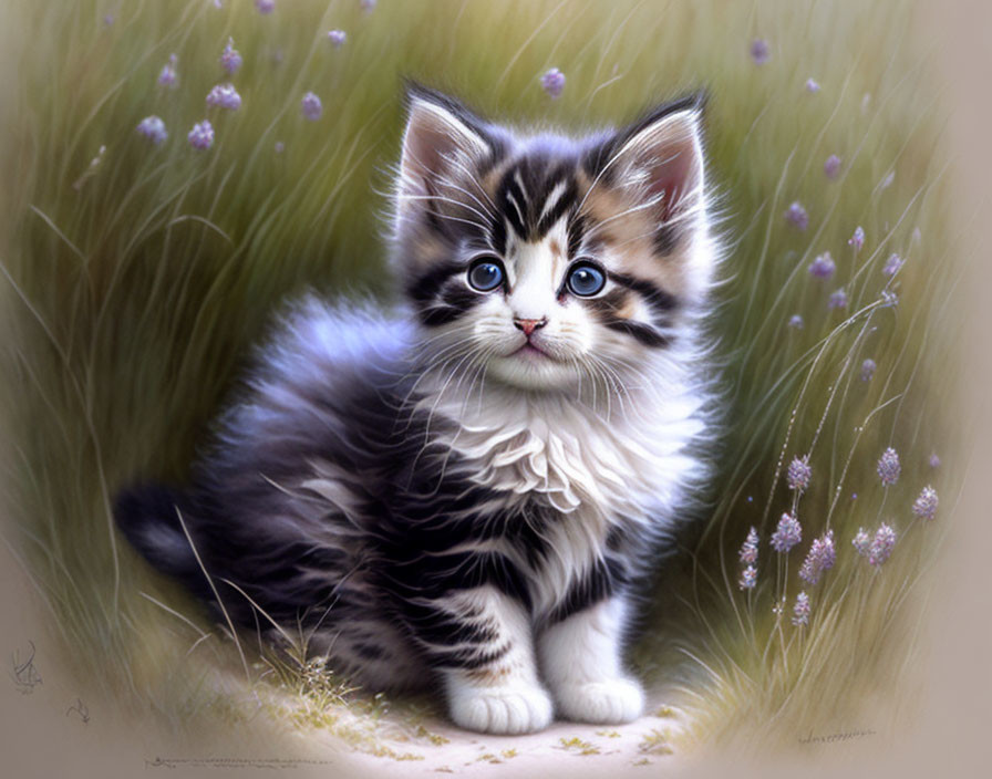 Adorable kitten with blue eyes in grassy field with lavender flowers