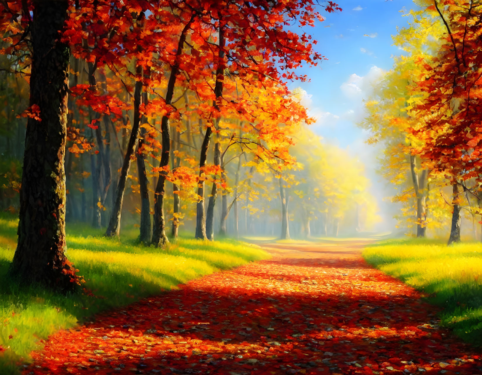 Sunlit autumn pathway with vibrant red and orange trees