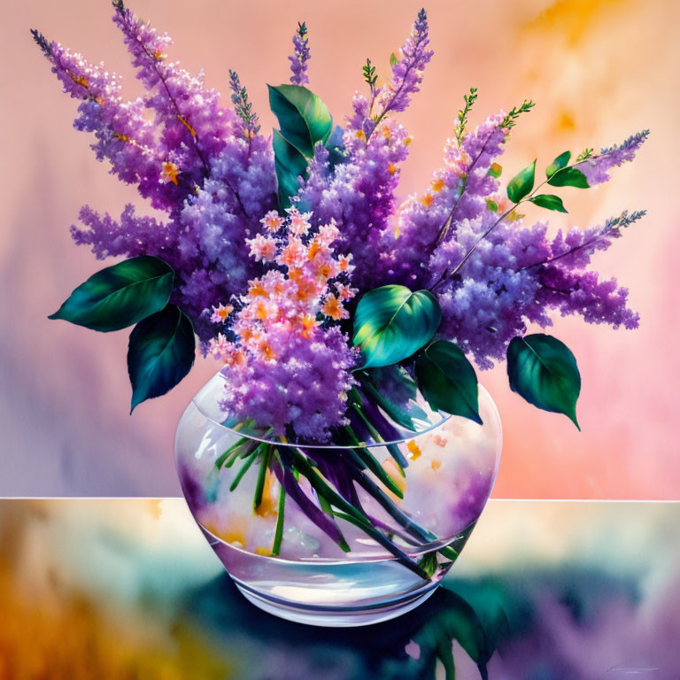 Colorful Bouquet Painting with Purple and Orange Flowers in Round Glass Vase