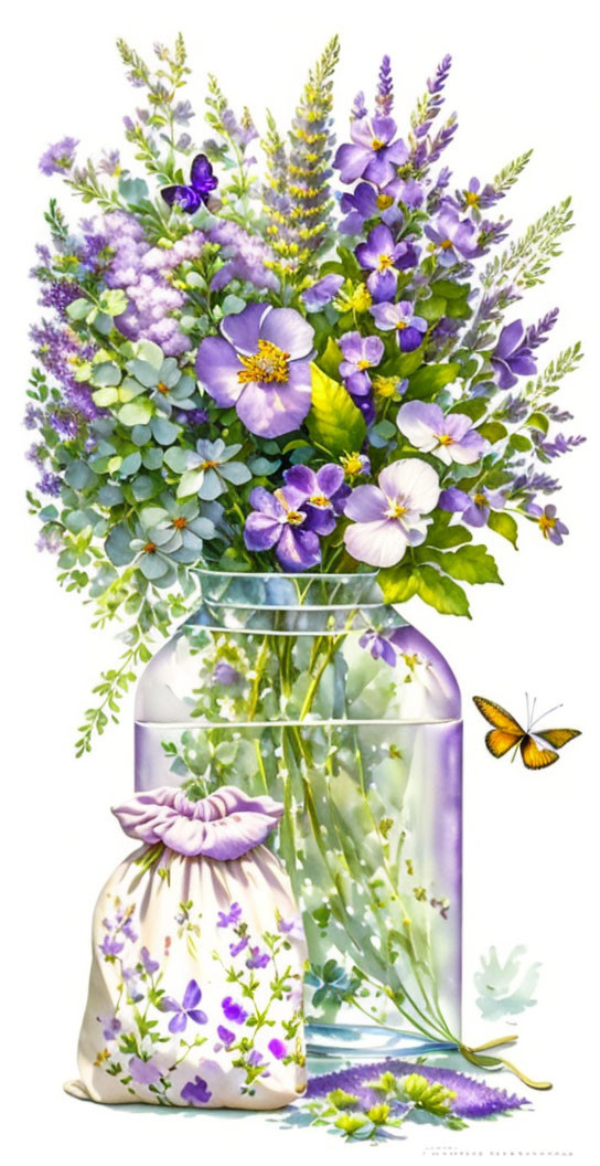 Purple and White Flower Bouquet in Clear Jar with Yellow Butterfly