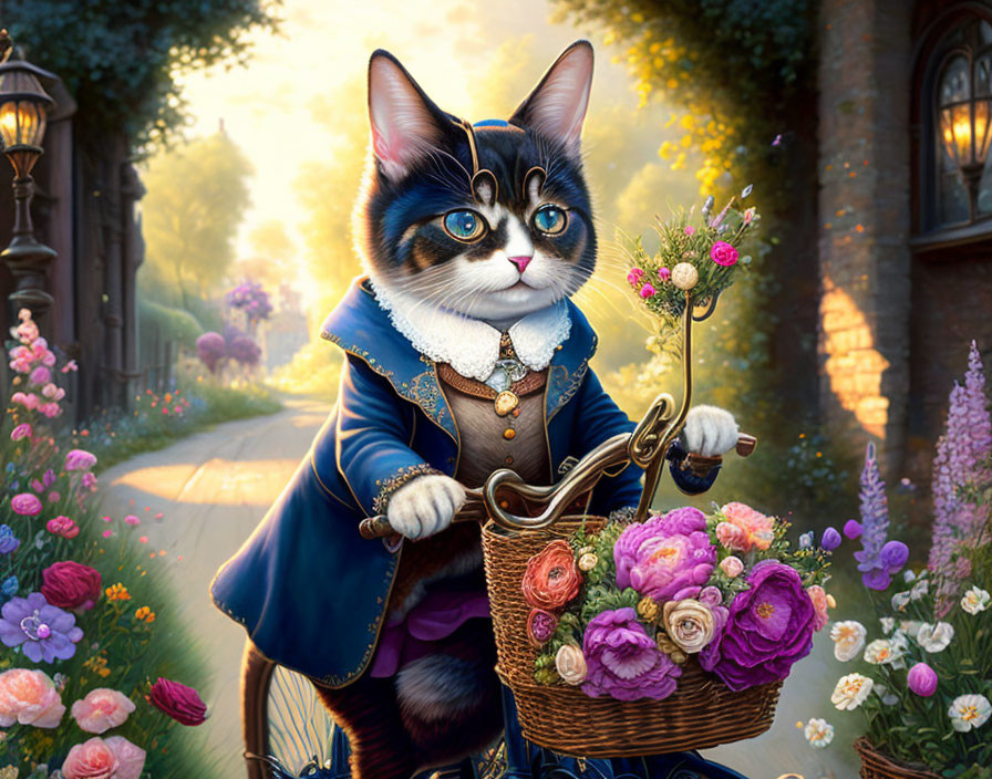 Anthropomorphic cat in historical attire rides bicycle with flowers on cobblestone street at sunset