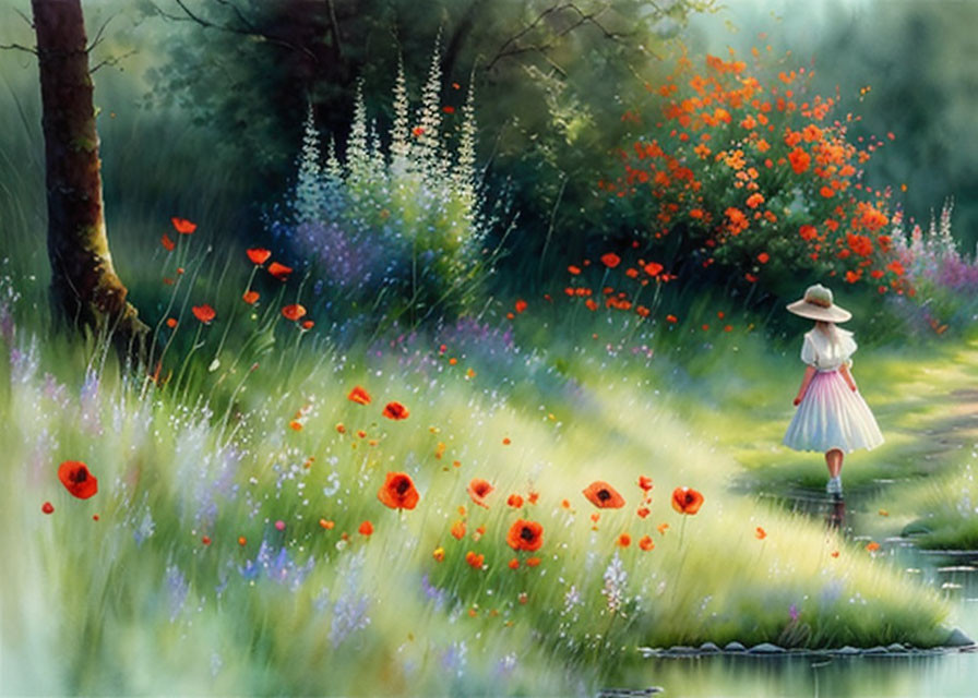 Tranquil painting of a girl in a hat by a river in lush forest