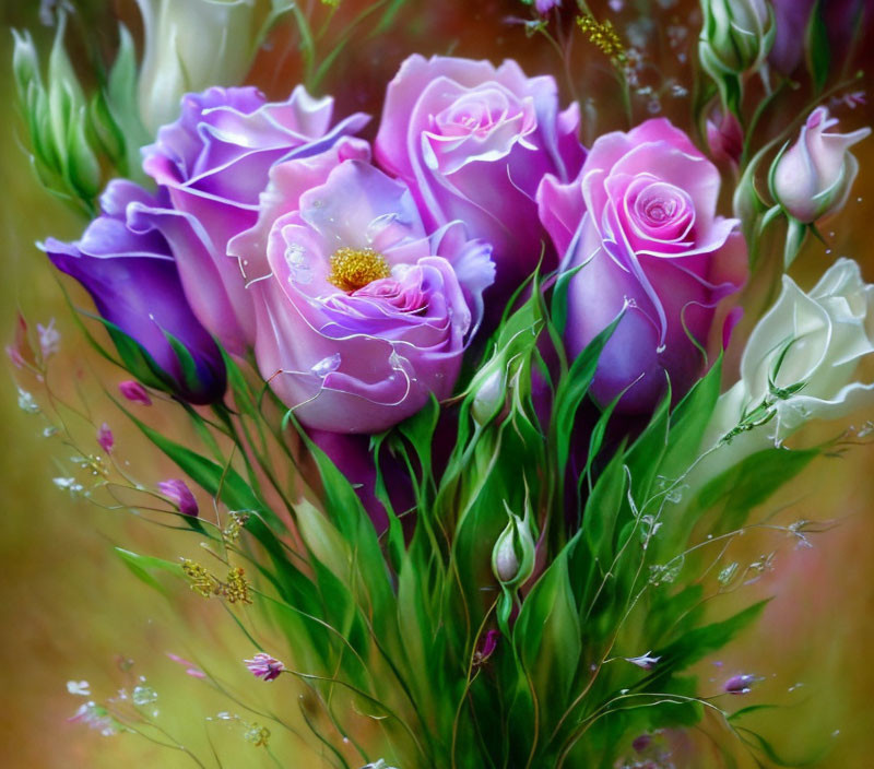 Purple and White Roses Painting on Golden Background