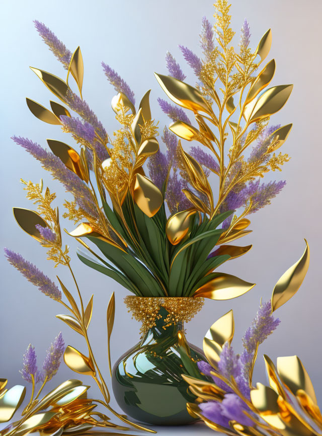 Decorative bouquet with gold and purple foliage in a green vase on gray background