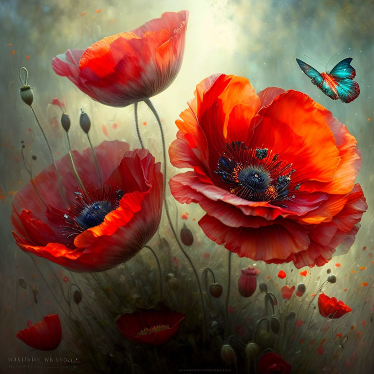 Detailed red poppies and butterflies on misty golden backdrop