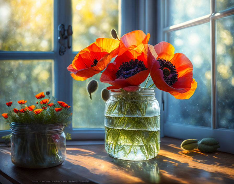 Colorful poppy bouquet in glass jar on sunny windowsill with smaller jar and fruit on wood surface