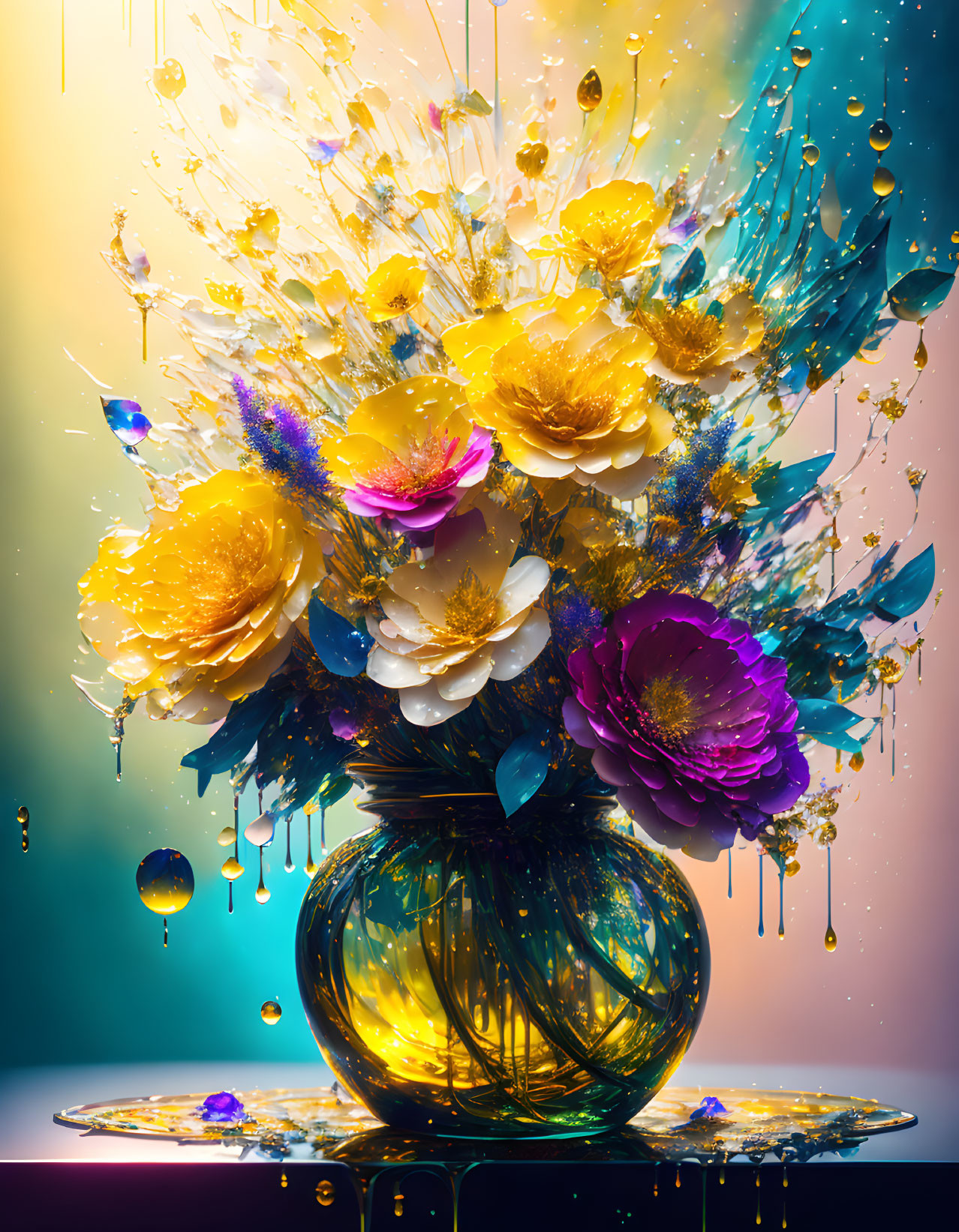 Colorful digital artwork: Glass vase with vibrant flowers and paint splashes