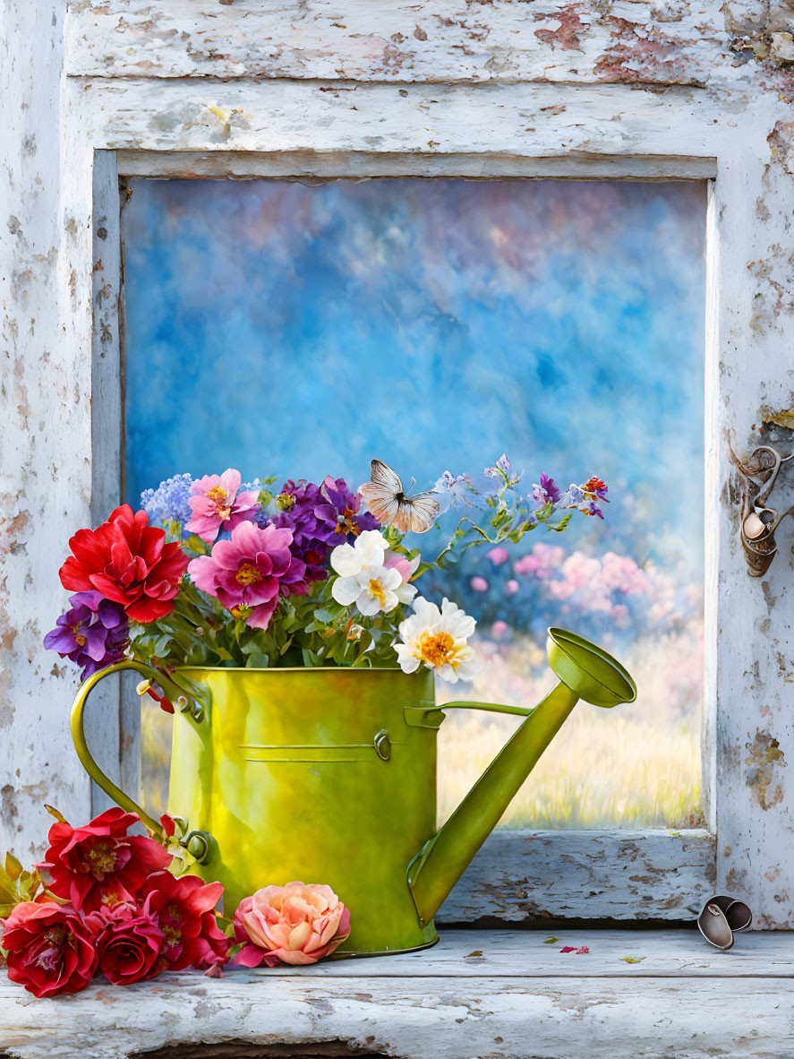 Vibrant flower bouquet in green watering can with butterfly, rustic window frame scenery