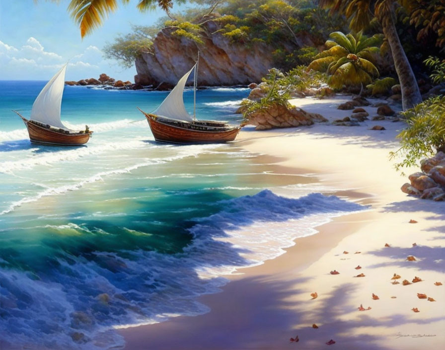 Sailboats on Tropical Beach with Clear Water