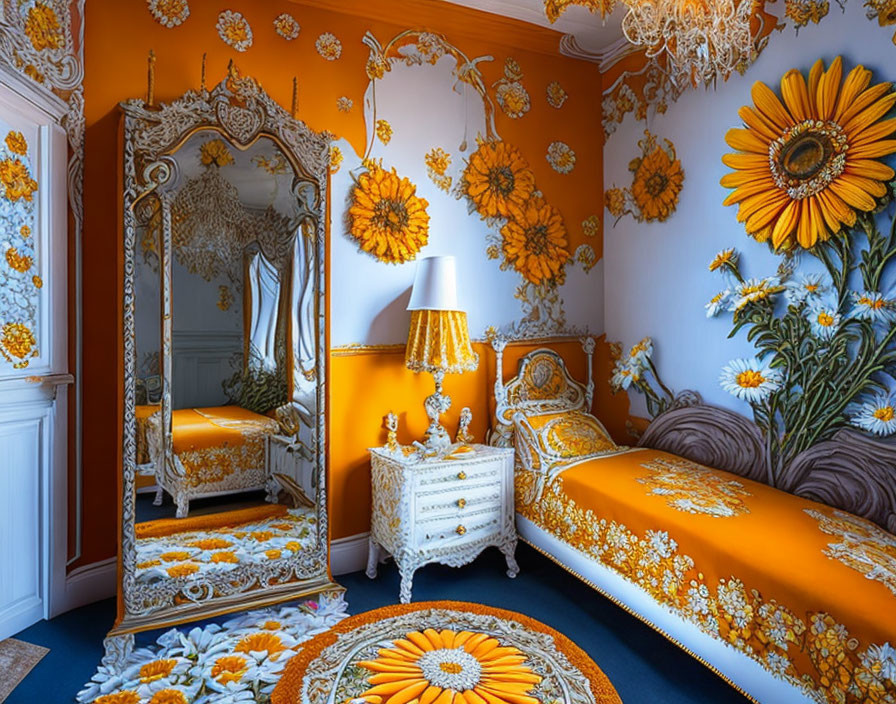 Bright Bedroom Decor with Orange Floral Wallpaper & Sunflower Painting