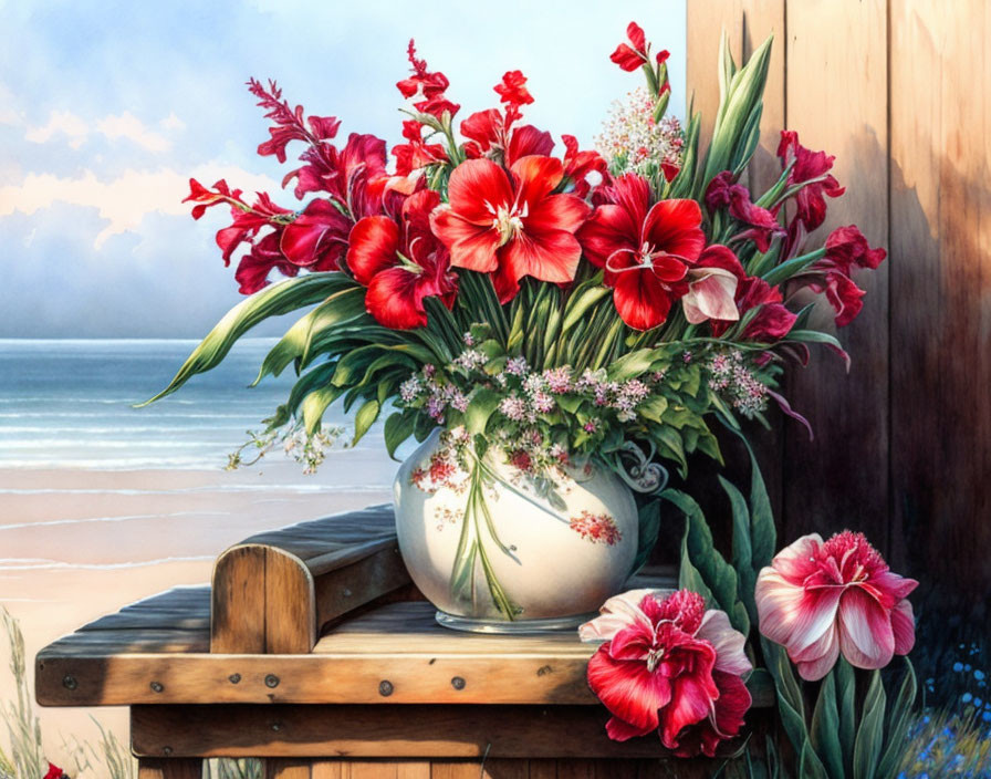 Red flowers in white vase on wooden table with beach backdrop