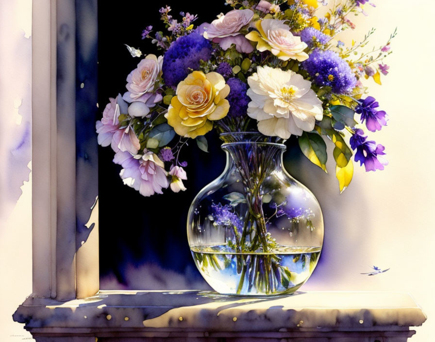 Colorful Flower Bouquet in Clear Glass Vase on Window Ledge