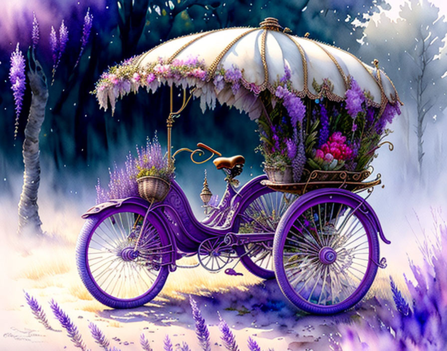 Whimsical purple tricycle flower cart in lavender landscape