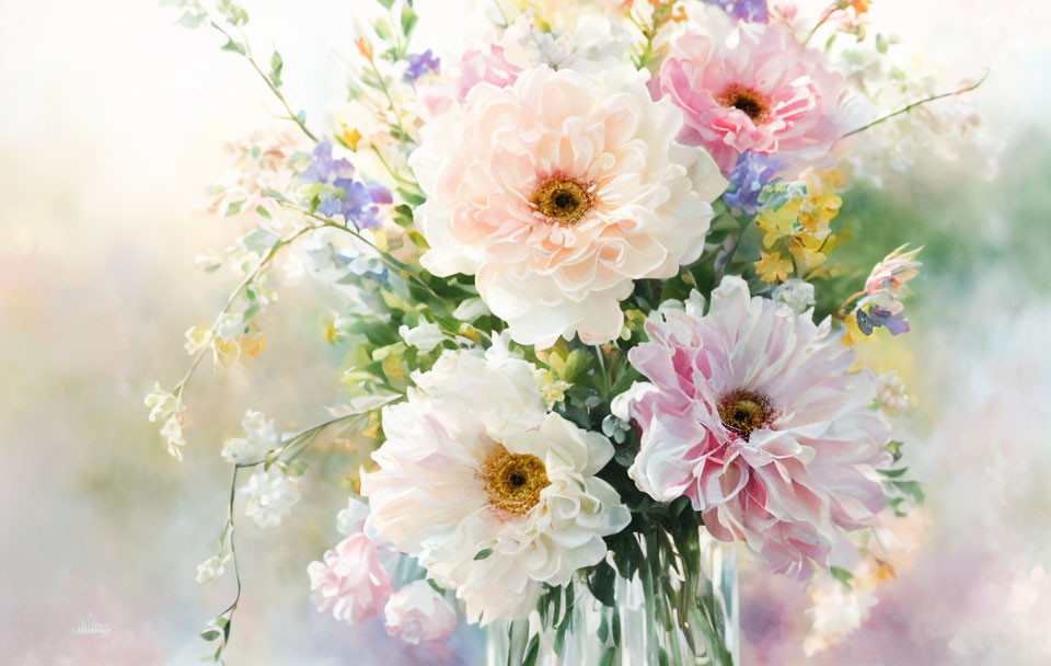 Pastel-colored flowers in soft pink and white against a dreamy background