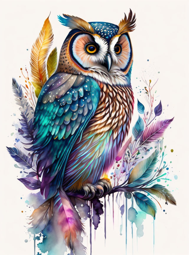 Vibrant Owl Illustration with Blue, Orange, and Purple Feathers